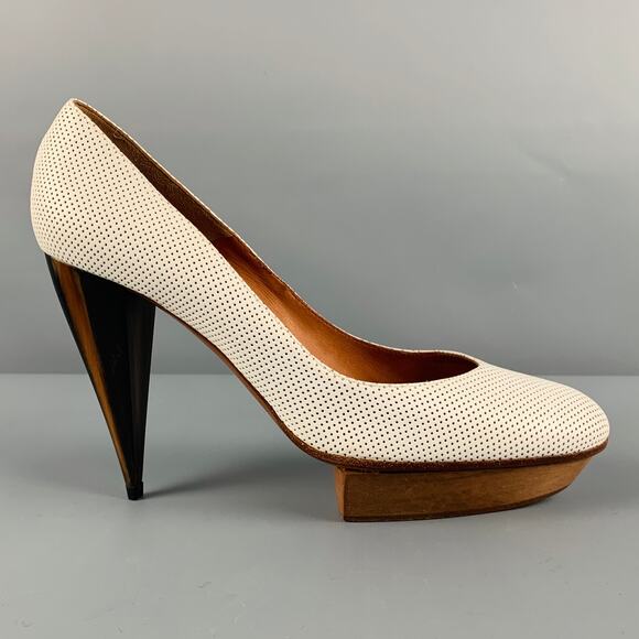 LANVIN Size 11 White Brown Leather Perforated Platform Pumps - Picture 2 of 10